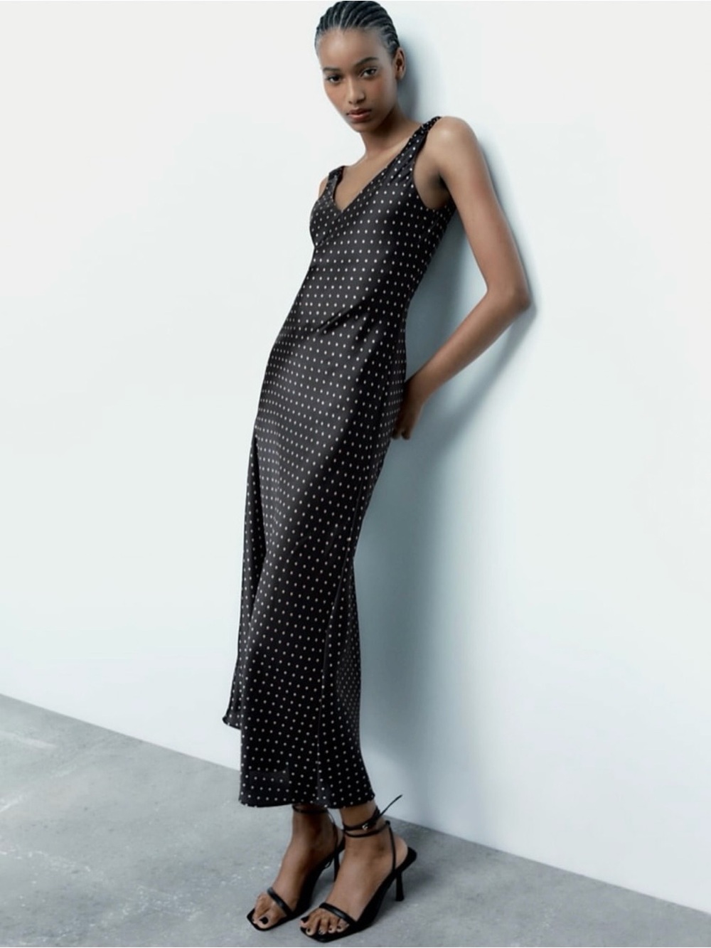 Zara Midi Dress Black And White Polka Dots Satin Sleeveless  V-Neck Summer